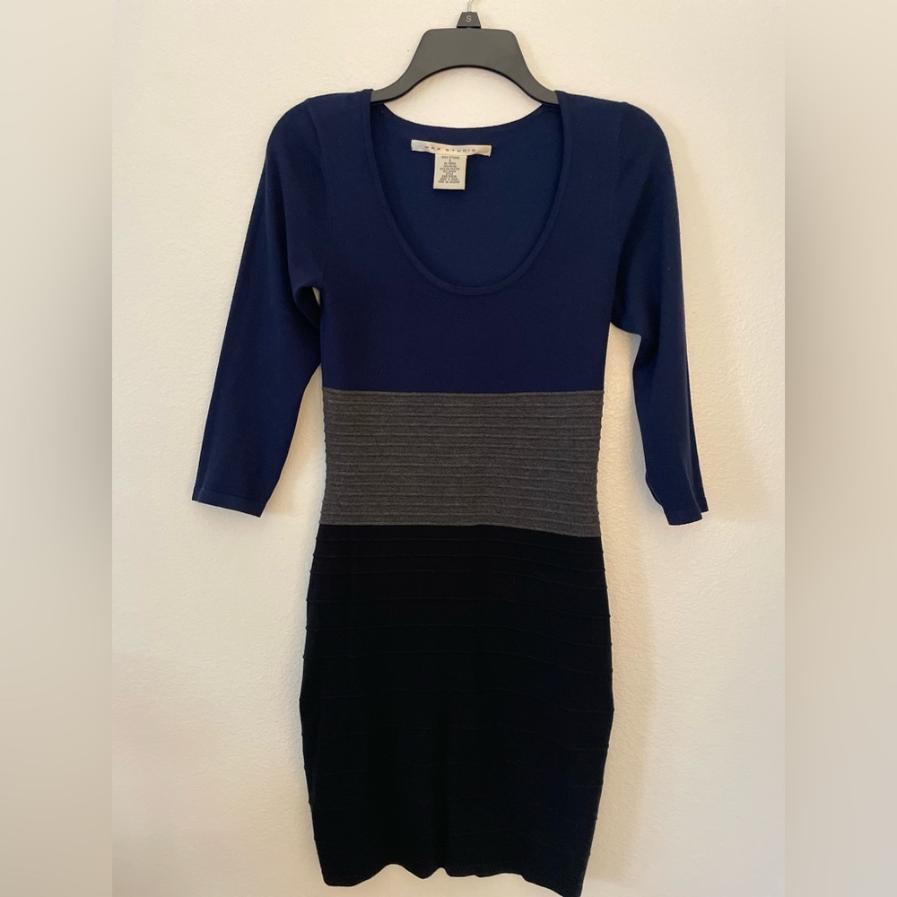 Pristine Max Studio, size small, blue and grey, form fitting, sheath dress.